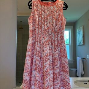 🌺ANTONIO MELANI Coral Pink & White Floral Lace Overlay Pleated Midi Dress EUC